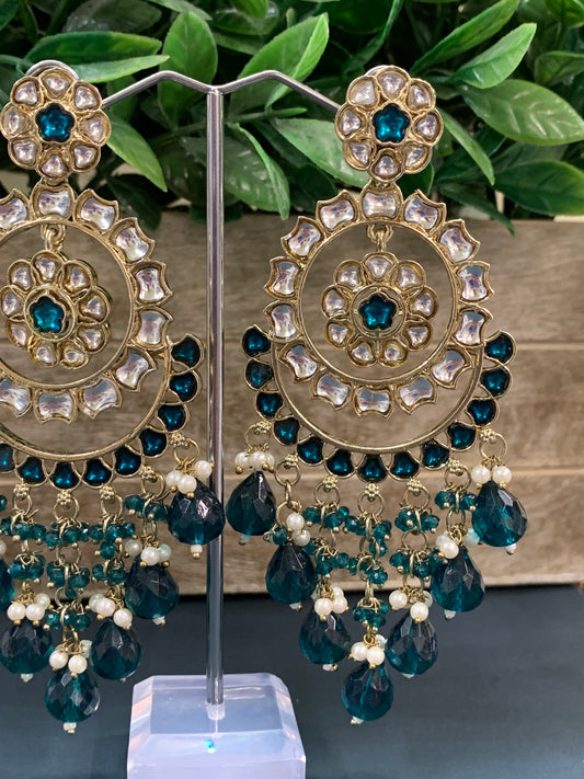 Barnavi Kundan earring peacock teal green crystal drops