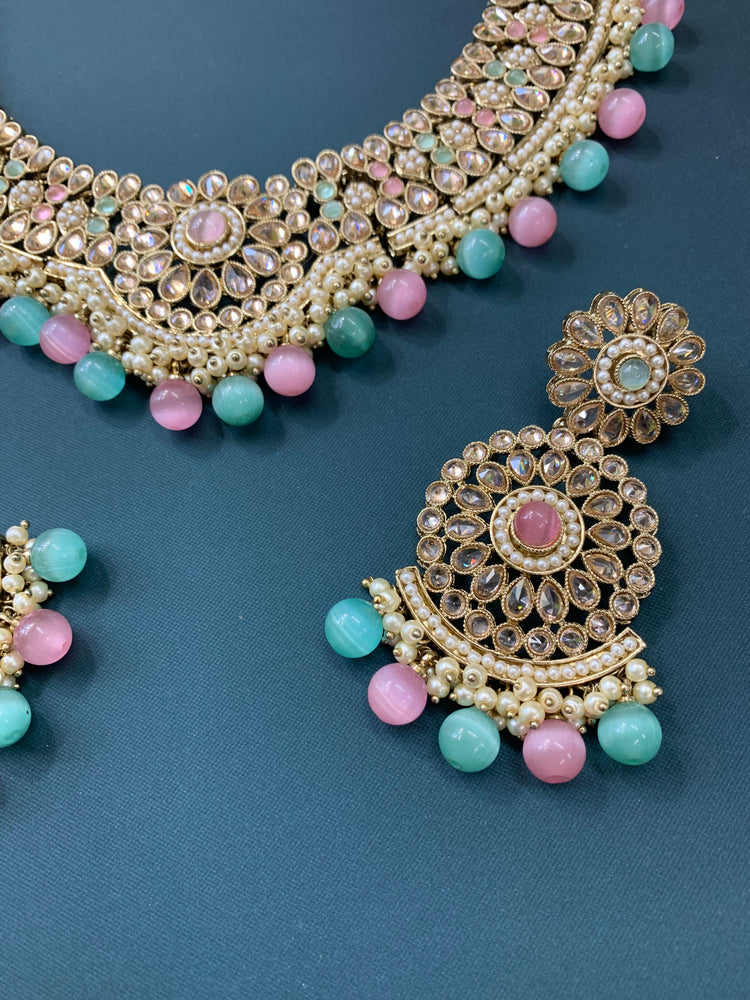 Boruna polki necklace with chandbali in pastel multi