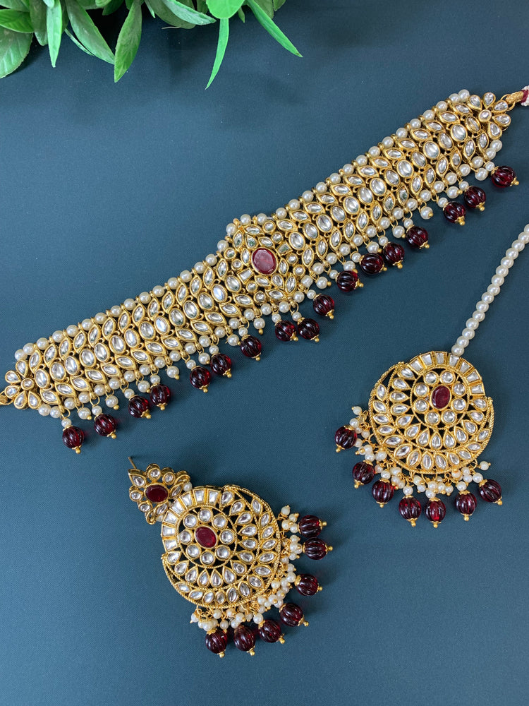 Tessa kundan choker set with matching chandbali and  tikka maroon/ burgundy