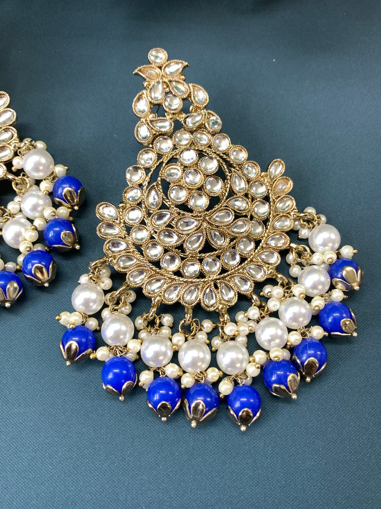 Puspa kundan fashion chandbali style earring set chocolate blue