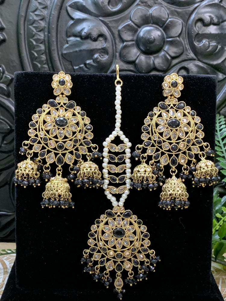 Kiana polki triple jhumki Chandbali style earring with matching tikka black