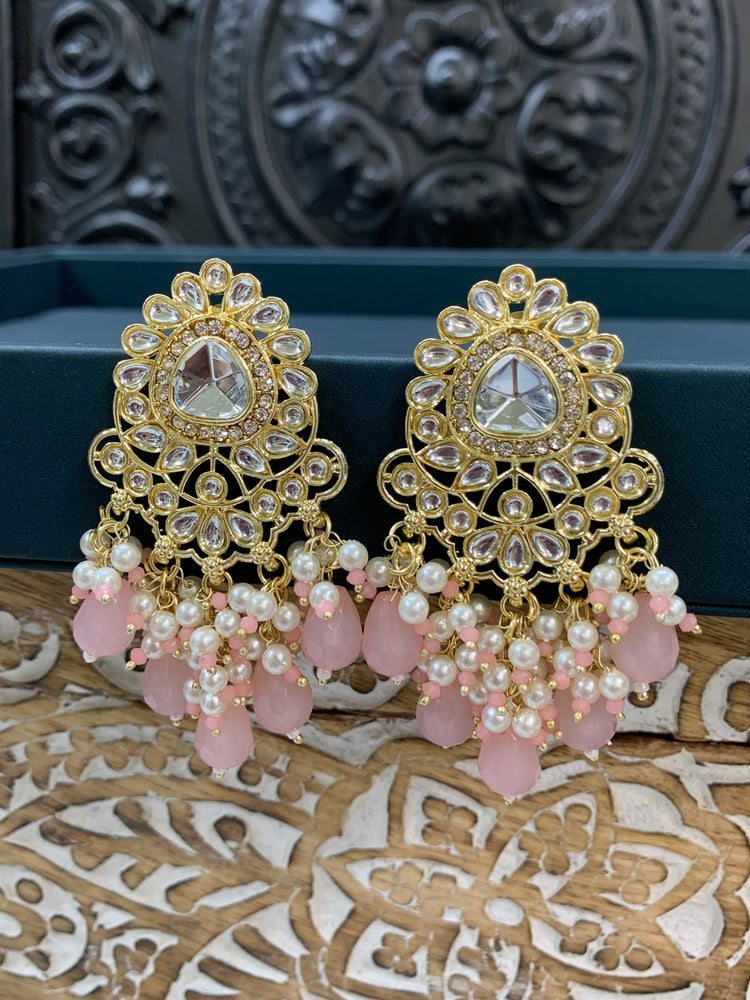 Joel gold kundan stud earring with white pearl and blueh pink crystal