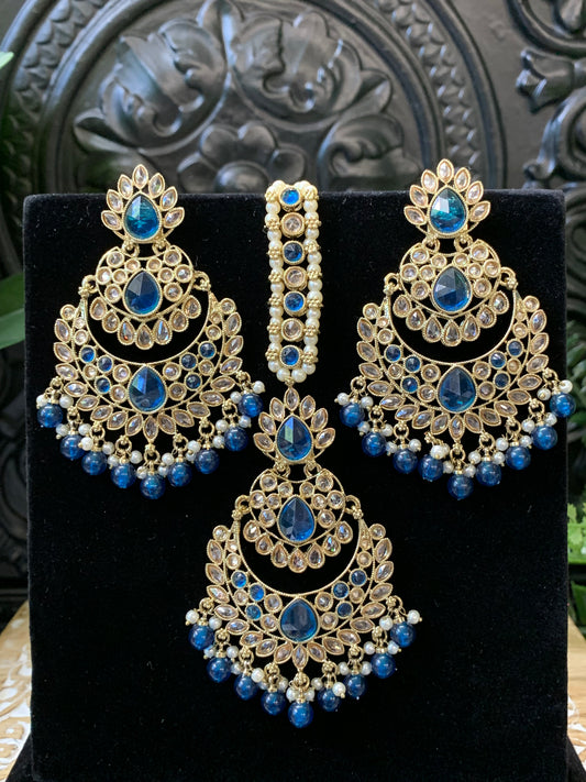 Marley reverse polki Chandbali earring tikka blue