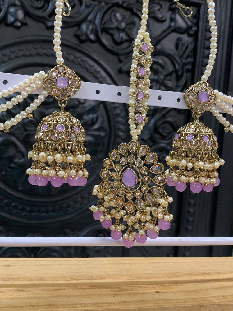 Shana triple layer bahubali sahare jhumki ear chain and matching tikka antique gold /lavender