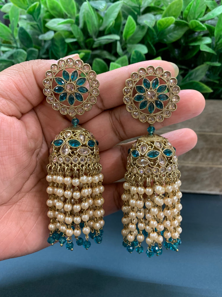 Mohua polki statement jhumki earring antique polki/teal green/pearl