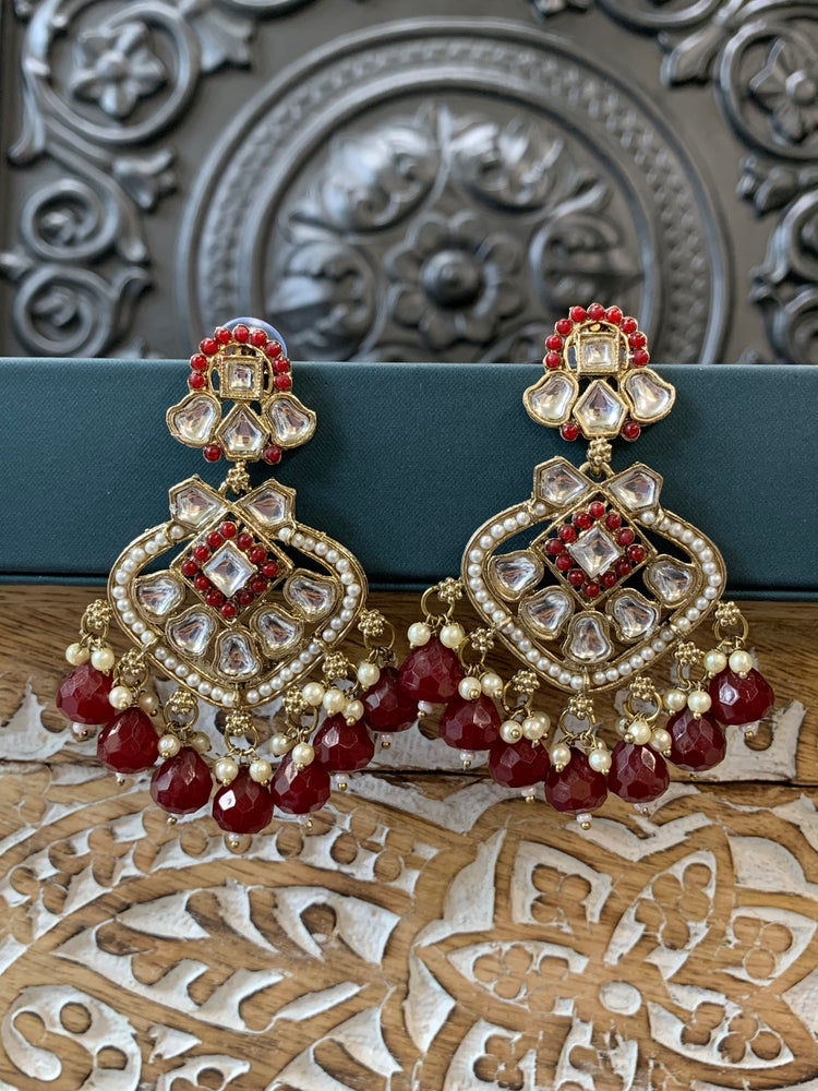 Dipti small to medium kundan earring gold red maroon burgundy