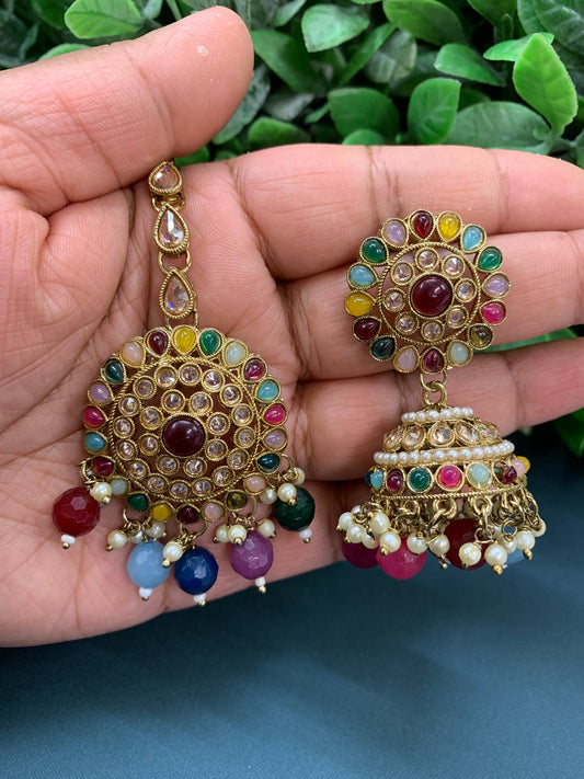 Antique polki gold jhumki tikka gold /pearl and multicolor stone details