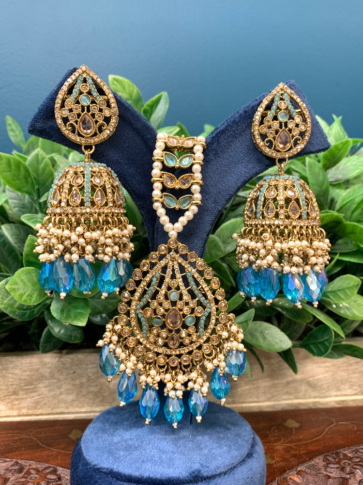 Savana Jhumka/ jhumki tikka set in antique / sky blue