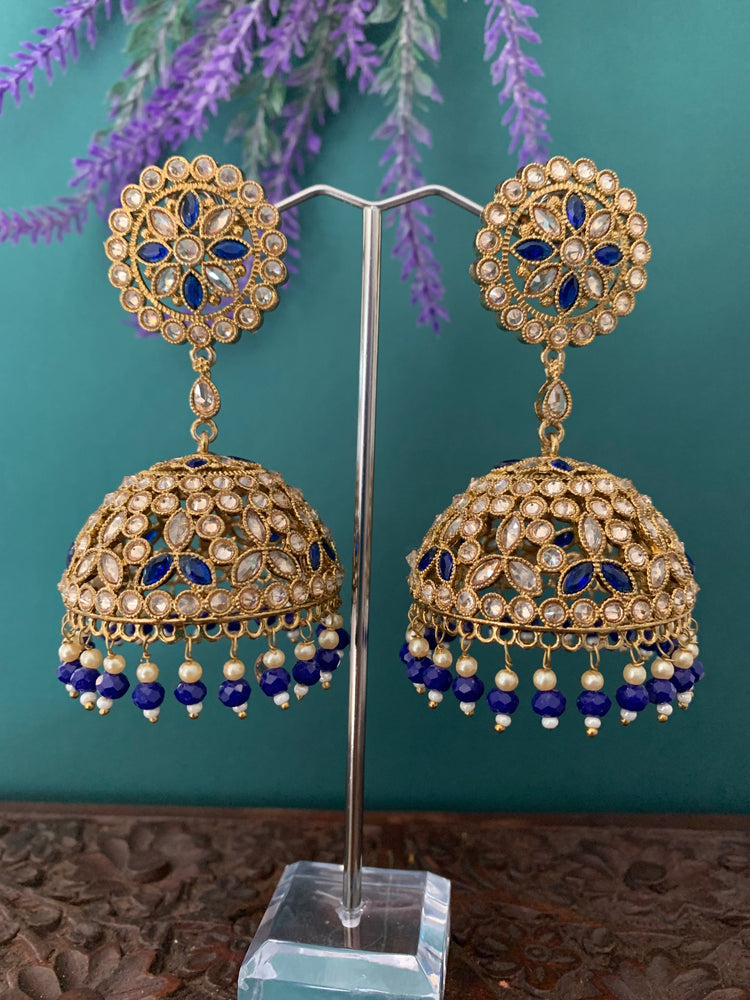 Rashi polki statement jhumki earring antique polki/ white pearl/navy blue