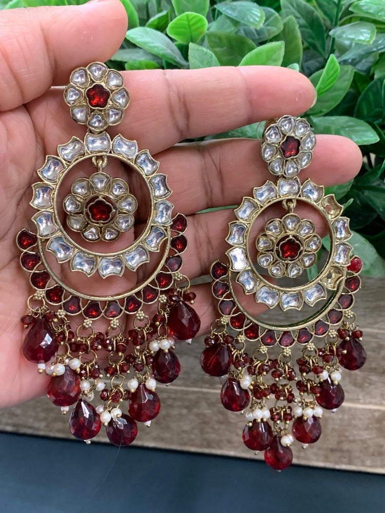 Barnavi Kundan earring red maroon burgundy crystal drops