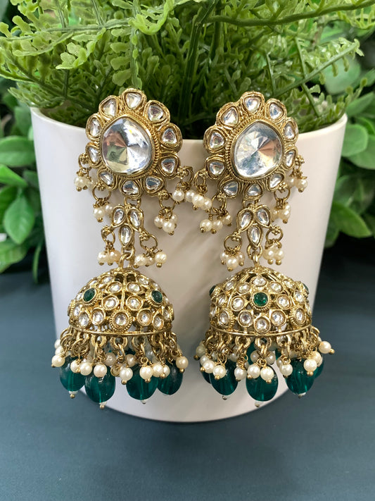 Mohini kundan jhumki/ jhumka earring emerald  green