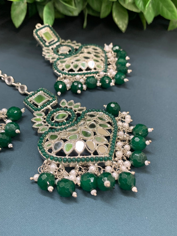 Amrita chandbali mirror earring tikka set emerald green