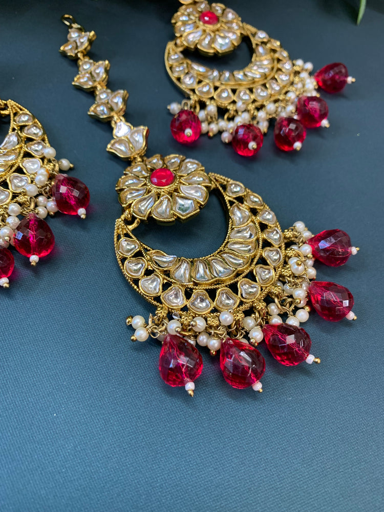 Manjot kundan earring tikka set cherry red/ hot pink / magenta