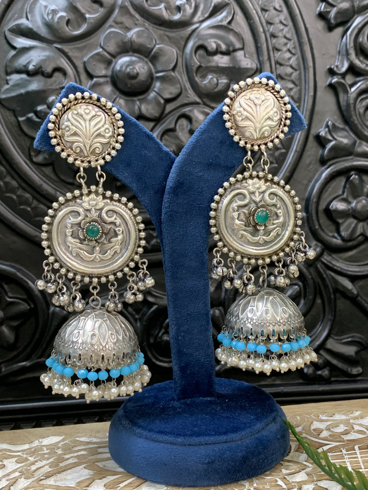 Soni black metal oxi jhumki earring teal