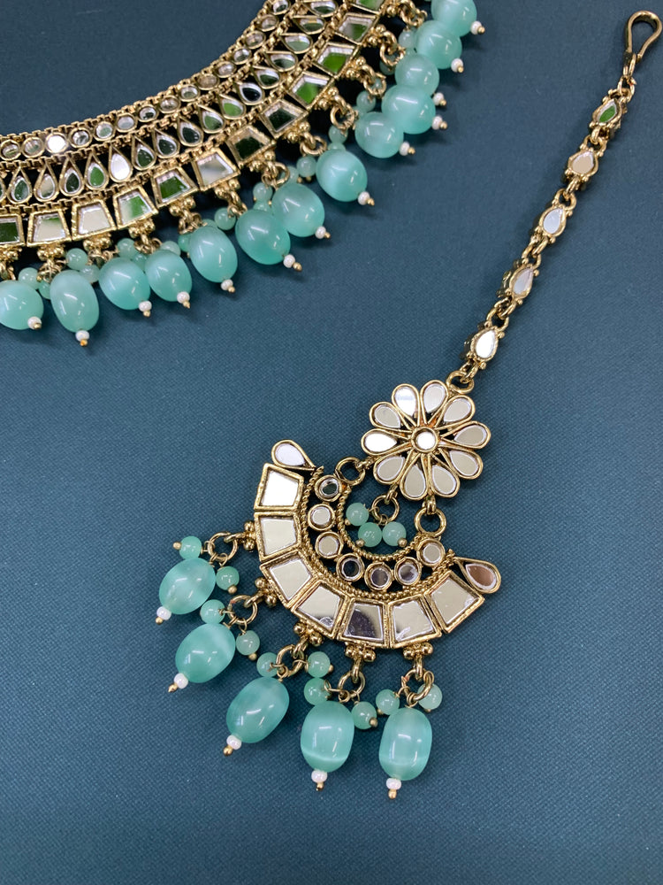 Shreya mirror necklace set with matching Chandbali antique mint