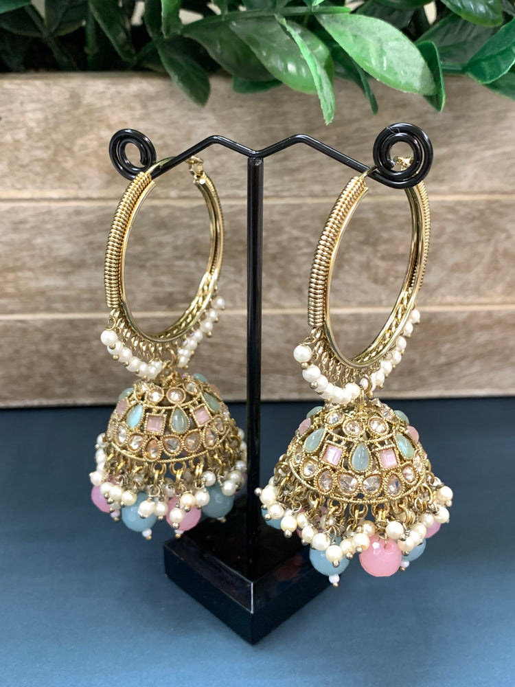 Shabana polki bali hoop jhumki/jhumka mint pink multi