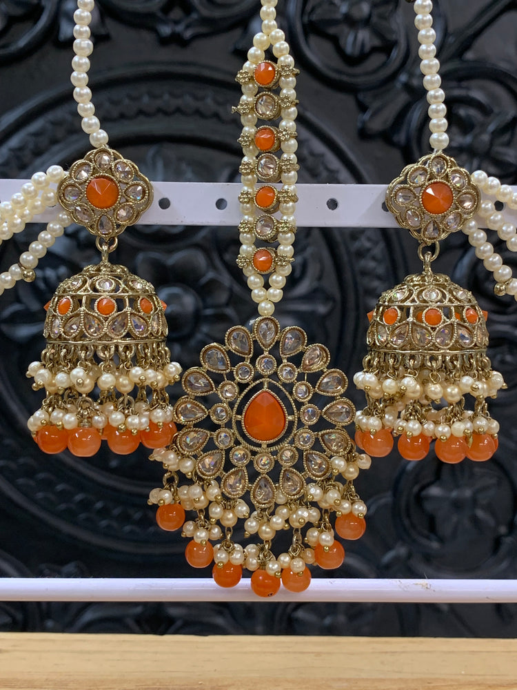 Shana triple layer bahubali sahare jhumki ear chain and matching tikka antique gold /orange/fanta orange