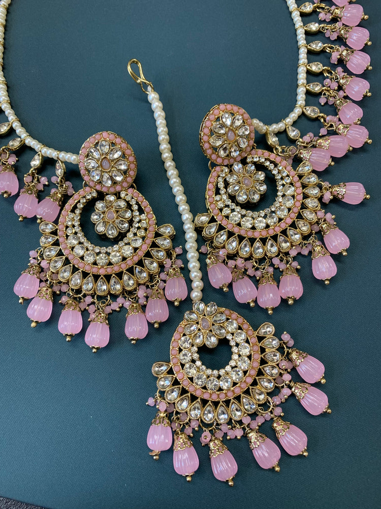 Razia choker necklace set with jhumar pink