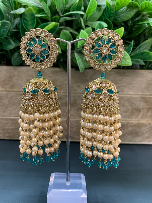 Mohua polki statement jhumki earring antique polki/teal green/pearl