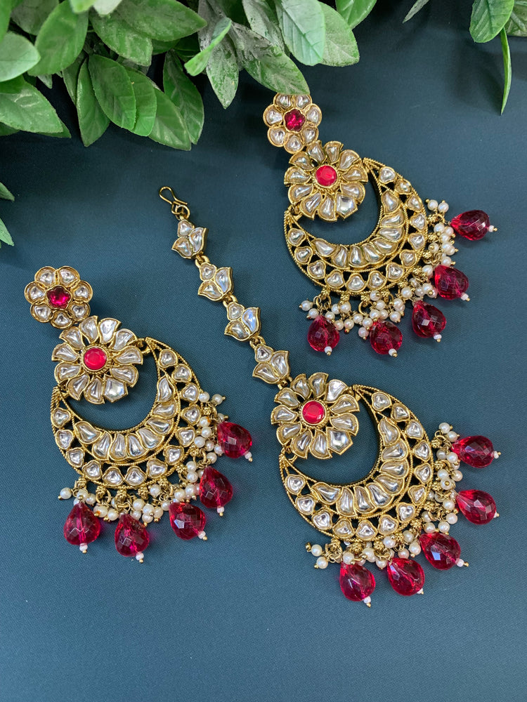 Manjot kundan earring tikka set cherry red/ hot pink / magenta