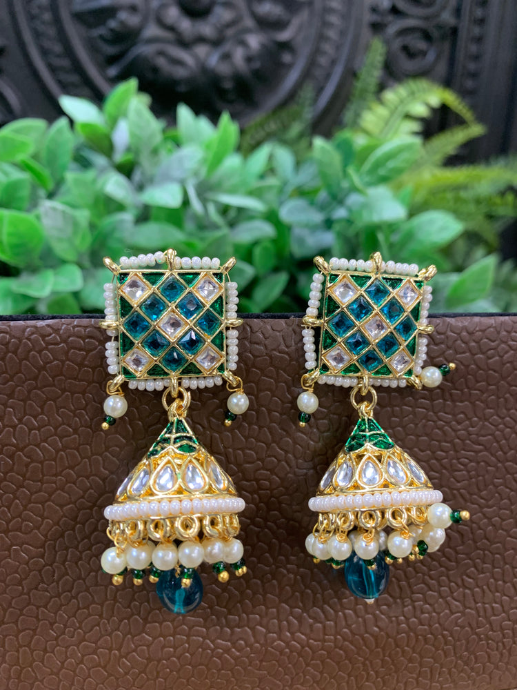 Saru kundan jhumki everyday wear small lightweight teal green