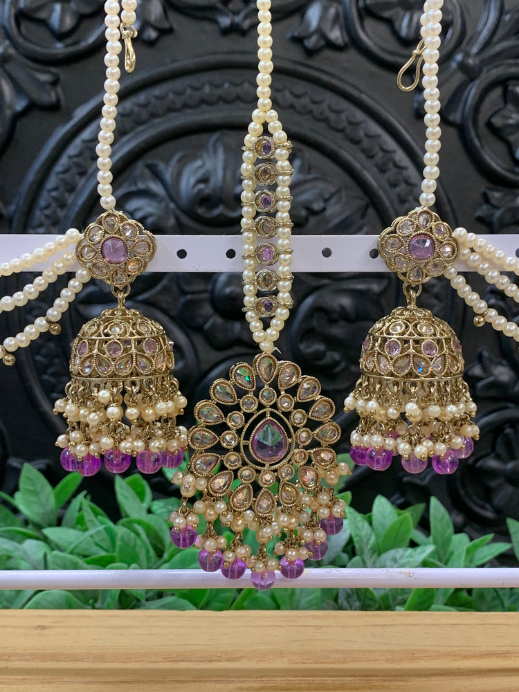 Shana triple layer bahubali sahare jhumki ear chain and matching tikka antique gold /lavender/ lilac