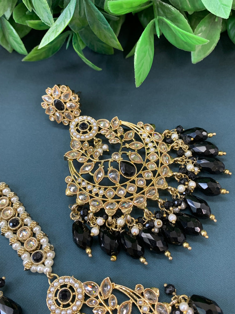 Bulbul polki statement earring tikka set antique gold/ crystal black