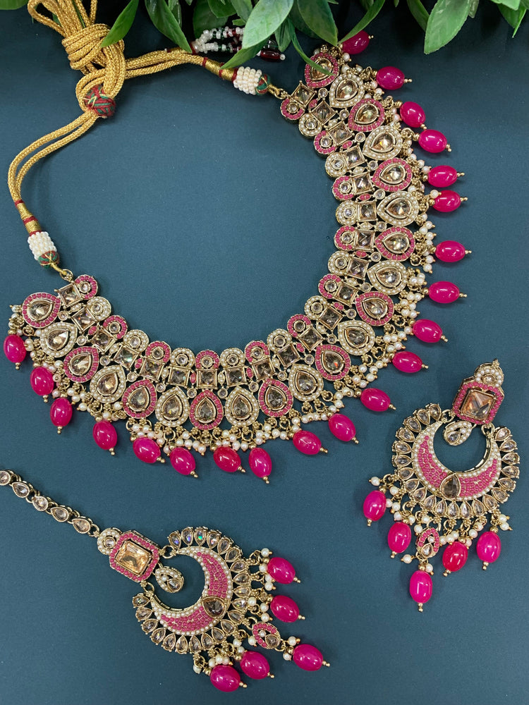 Reagan polki necklace set with matching Chandbali and tikka set gold/white/pearl/ magenta/ pink