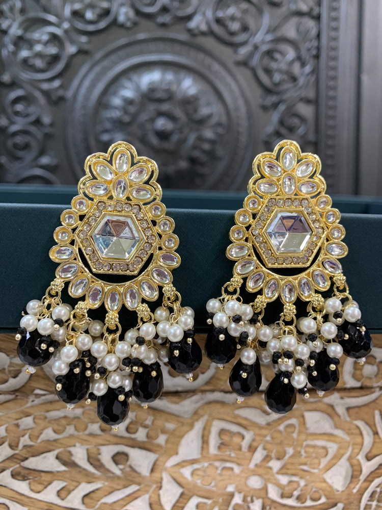 Jill gold kundan stud earring with crystal drops black