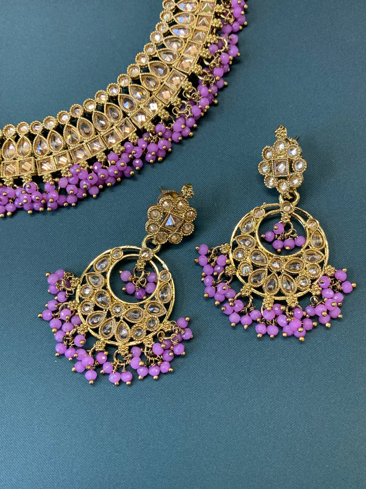 Rashmeet polki necklace with matching earring tikka antique gold lavender