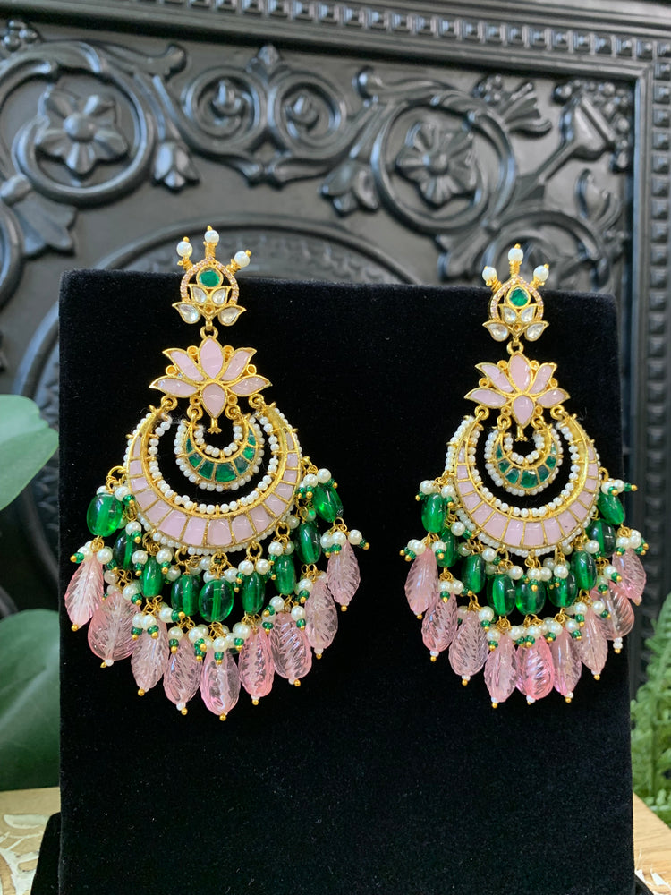 Shanti Pachi kundan earring in pastel pink and emerald green