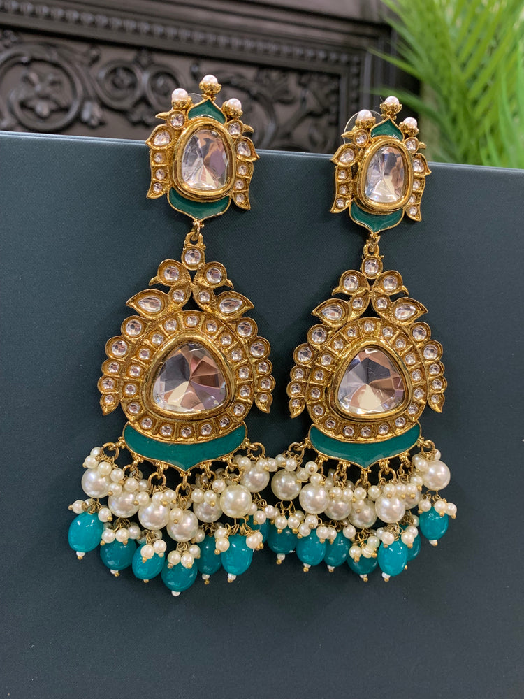 Kim kundan statement fashion earring teal green