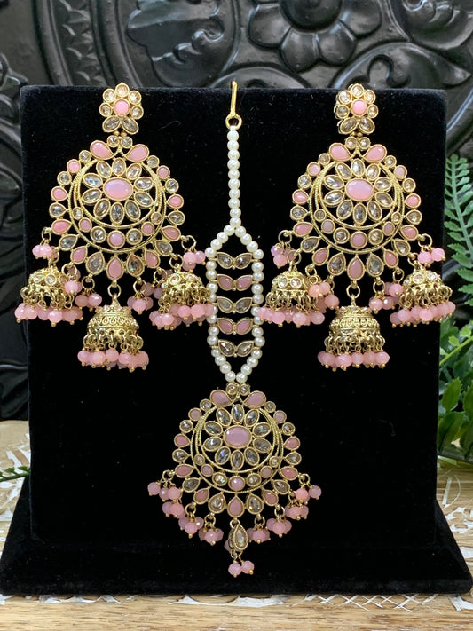 Kiana polki triple jhumki Chandbali style earring with matching tikka pink