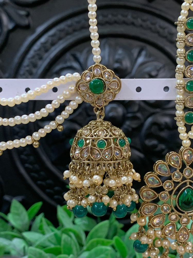 Shana triple layer bahubali sahare jhumki ear chain and matching tikka antique gold /emerald green