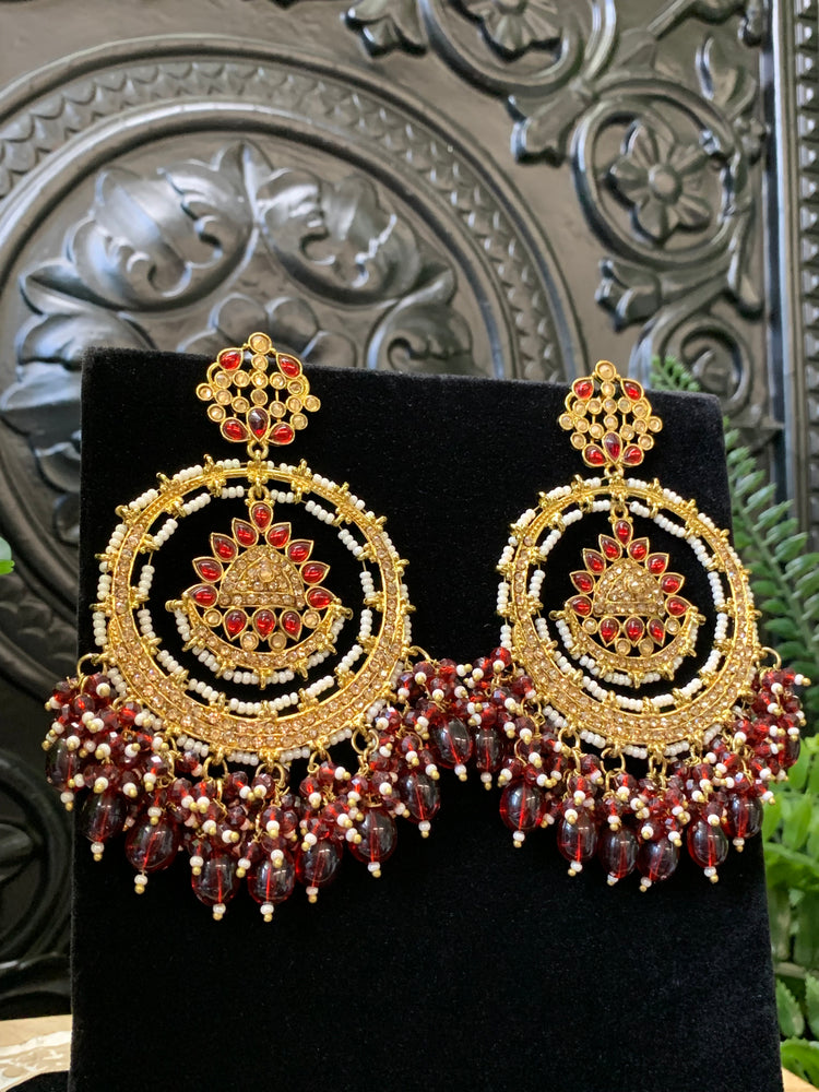 Laila Chandbali fashion statement earring gold base, maroon drops