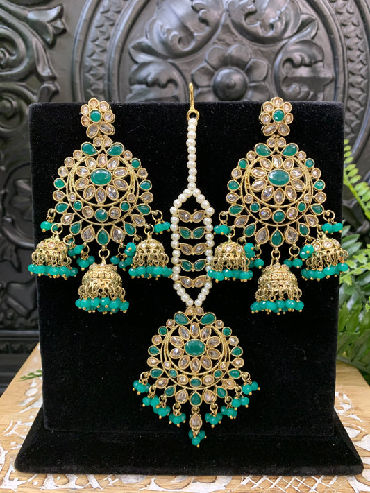 Kiana polki triple jhumki Chandbali style earring with matching tikka emerald green