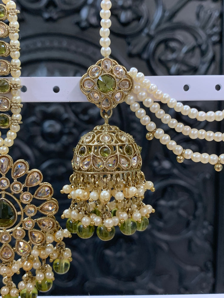 Shana triple layer bahubali sahare jhumki ear chain and matching tikka antique gold /olive green/mahendi green