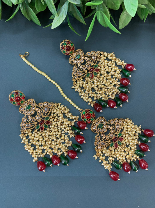 Cara statement polki earring tikka set pearl details and red green multi