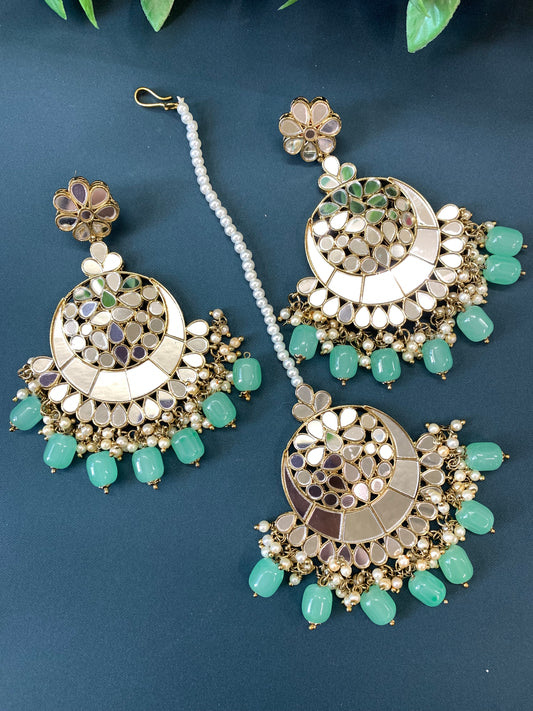 Olana chandbali mirror Tikka set mint green