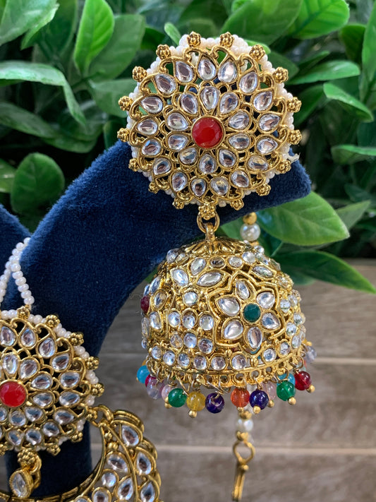 Zia traditional kundan jhumki with sahare and matching oversized tikka gold/multi