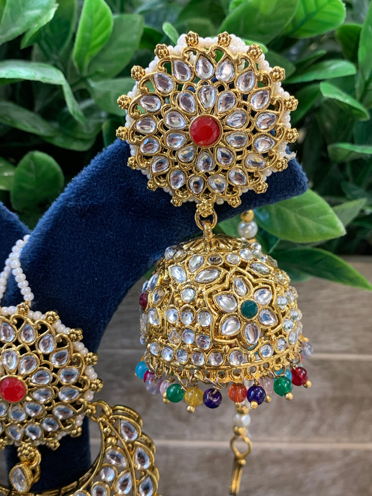 Zia traditional kundan jhumki with sahare and matching oversized tikka gold/multi