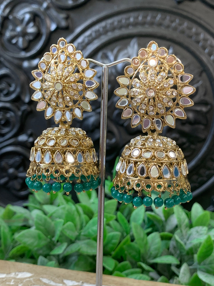 Dana mirror jhumki tikka antique gold and teal green