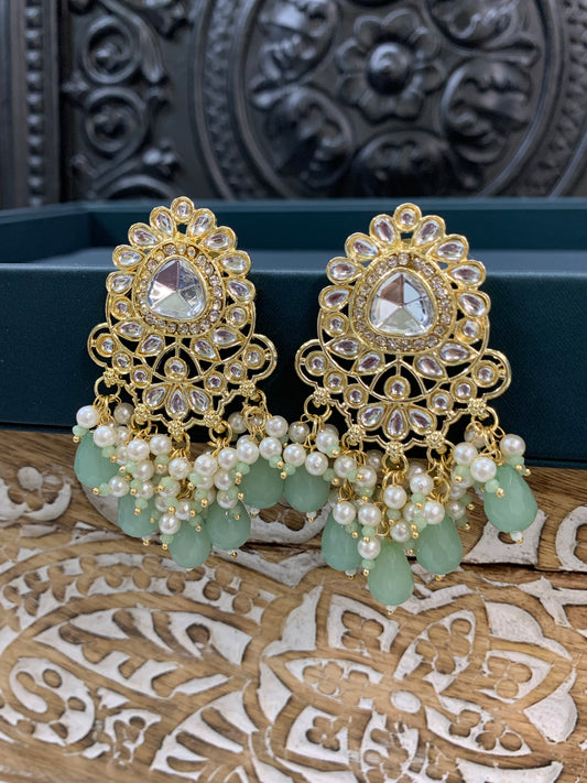 Joel gold kundan stud earring with white pearl and mint crystal