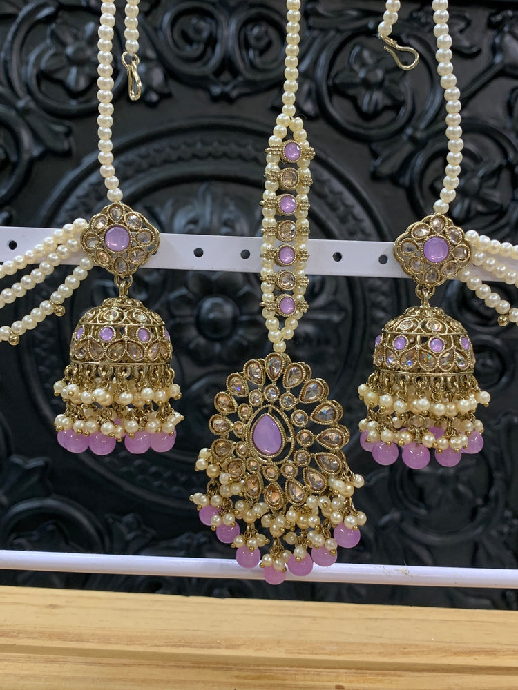 Shana triple layer bahubali sahare jhumki ear chain and matching tikka antique gold /lavender