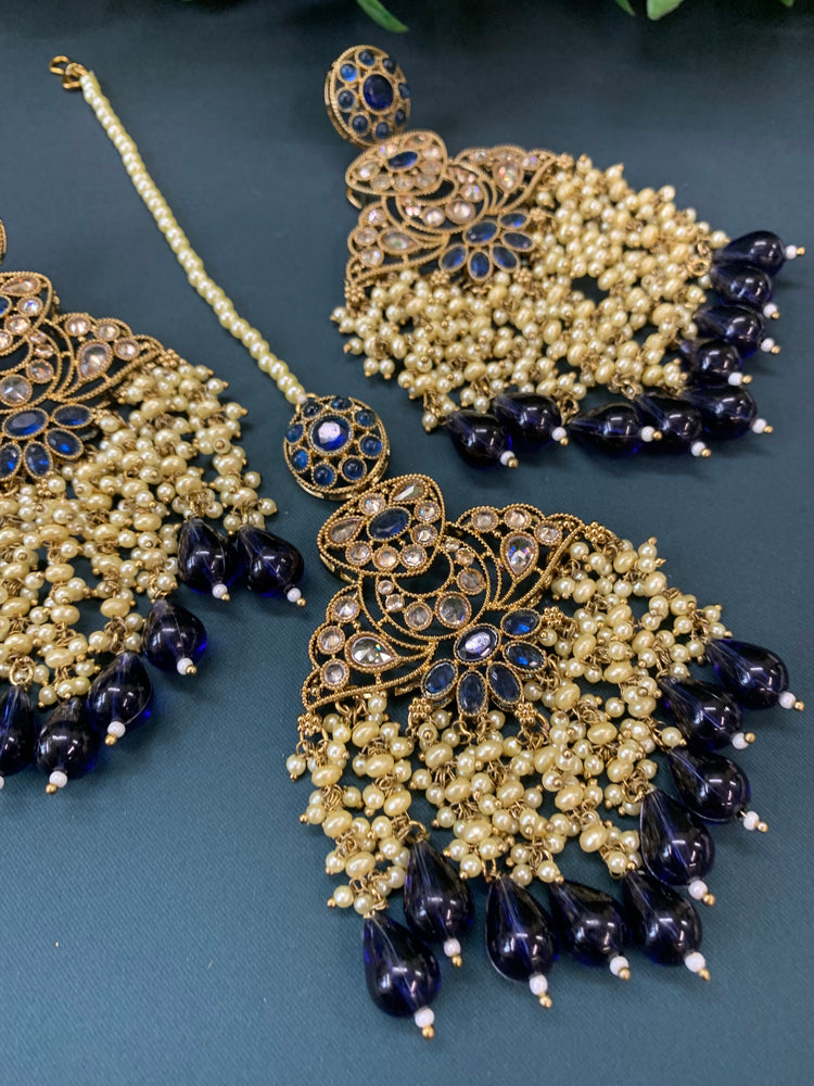 Cara statement polki earring tikka set pearl details and navy blue