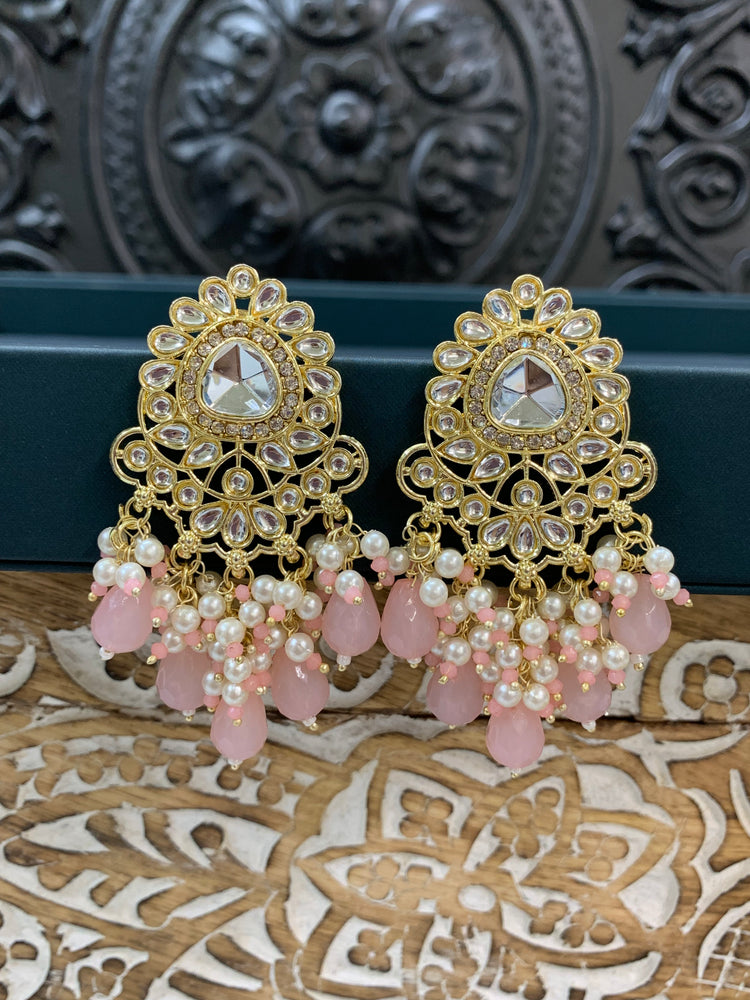 Joel gold kundan stud earring with white pearl and blueh pink crystal