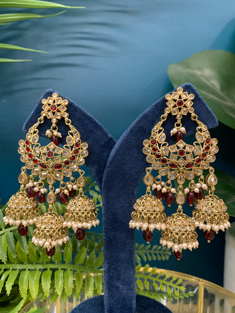 Naina polki triple jhumki earring in Maroon red/ burgundy