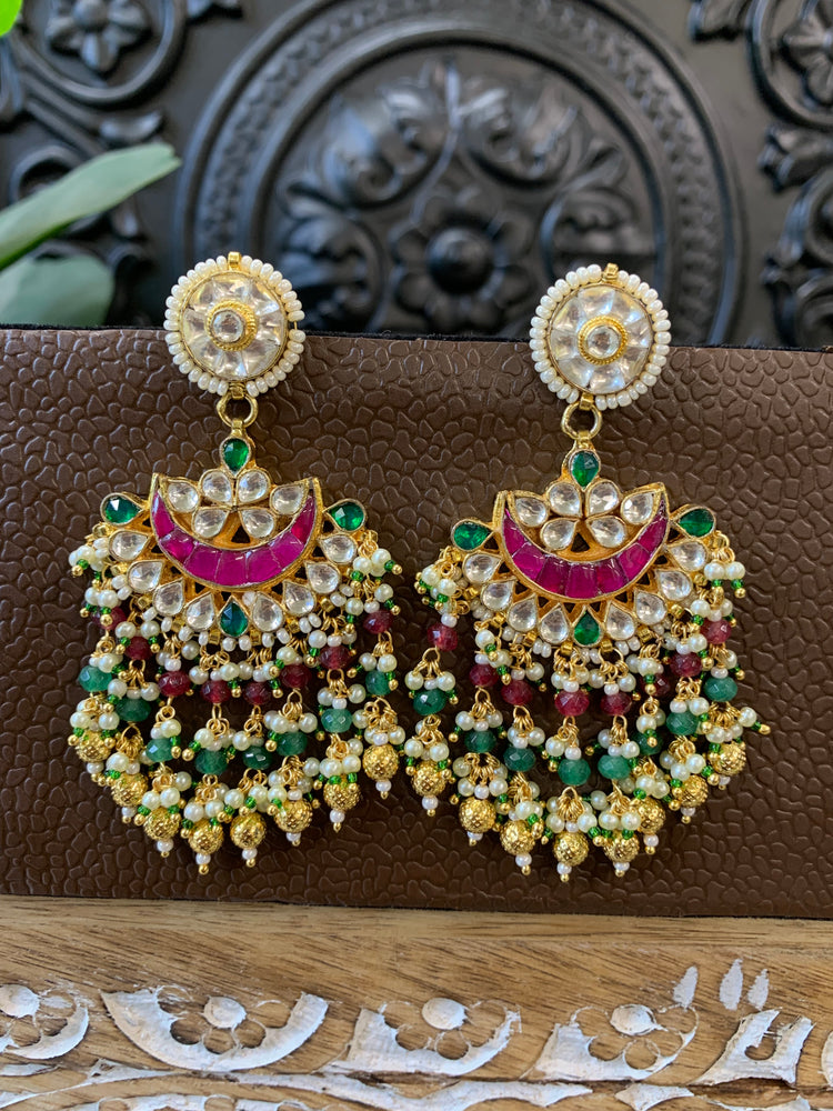 Leslie pachi Kundan chandbali earring small to medium size red and green multi