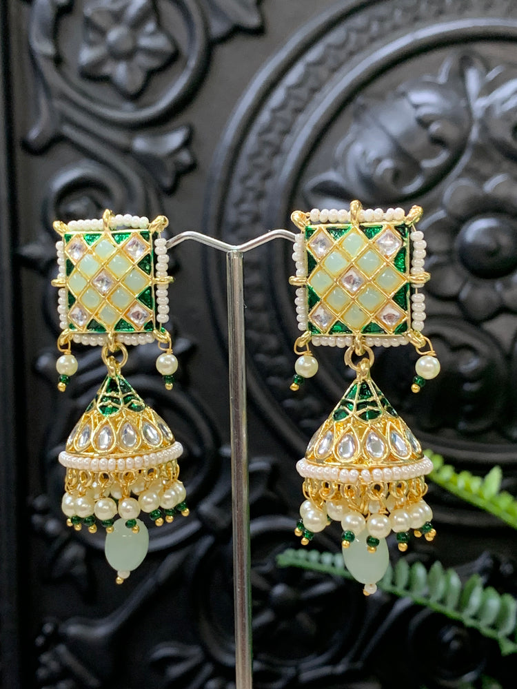 Saru kundan jhumki everyday wear small lightweight mint/ pistachio