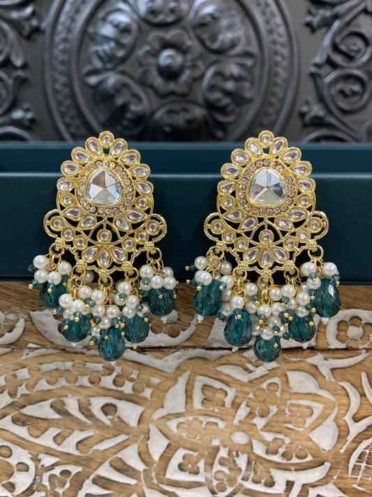 Joel gold kundan stud earring with white pearl and teal green  crystal